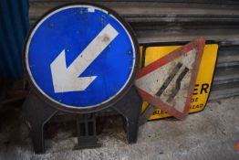 2x Direction Signs, 2x High Voltage Signs, and a Narrow Lane Sign