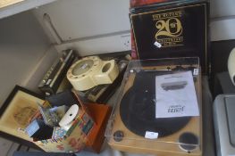 Assorted items inc turntable, cassette recorder, radio plus LP records etc