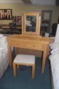 Solid oak two drawer dressing table with mirror and stool