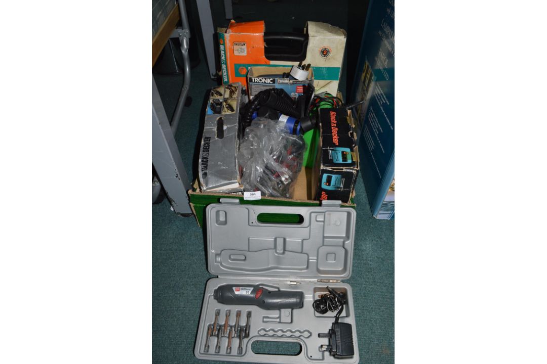 Box of Power Tools (mostly Black & Decker) Including Drill, Jigsaw, Jump Cables, Steamer, Battery