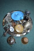 Tray of Metal Collectibles, Candlestick, Jelly Mould, etc.