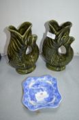 Pair of Dartmouth Pottery Fish Guggle Jugs and a Cauldon Blue & White Dish