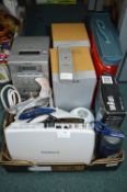 Box of Electricals Including Humax Router, Braun Shaver, Sony CD Player, Speaker, Iron, etc.