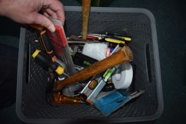 Small Box of Tools Including Hammers, Hacksaw, Tape, etc.