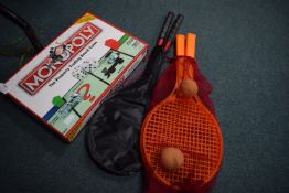 Badminton Rackets, Plastic Tennis Rackets, and Monopoly Board Game
