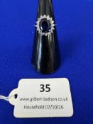 925 Silver Ring with Blue Oval Stone and CZ Halo Size: M