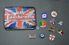 Lambretta Tin containing Union jack Lambretta badges etc