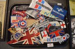 Three trays of assorted ‘Mod’ and Lambretta themed badges, flags Etc
