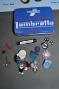 Lambretta Tin containing Union jack Lambretta badges etc