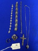 925 Silver Jewellery Including Bracelets, Crucifix, Necklace, and Brooch ~38.7g total