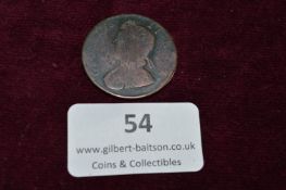 George II 1734 Copper Halfpenny – British George II copper halfpenny dated 1734, with laureate