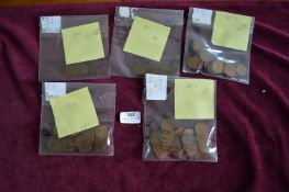 Quantity of bronze pennies sorted by decade, including 1920s , 1930s , 1940s (37), 1950s (47) and
