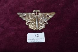 A vintage cast metal aviation badge or emblem, modelled as outstretched feathered wings centred by a