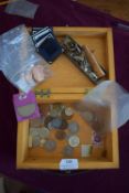 Wooden Collector’s Box containing Coins, Stamps & Miscellaneous Collectables – A vintage wooden