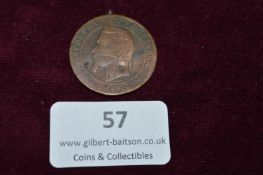 Napoleon III French Coin, Heavily Worn – A 19th-century French coin bearing the portrait of Napoleon