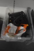Box containing a large quantity of assorted brackets for Pc’s Headsets and accessories