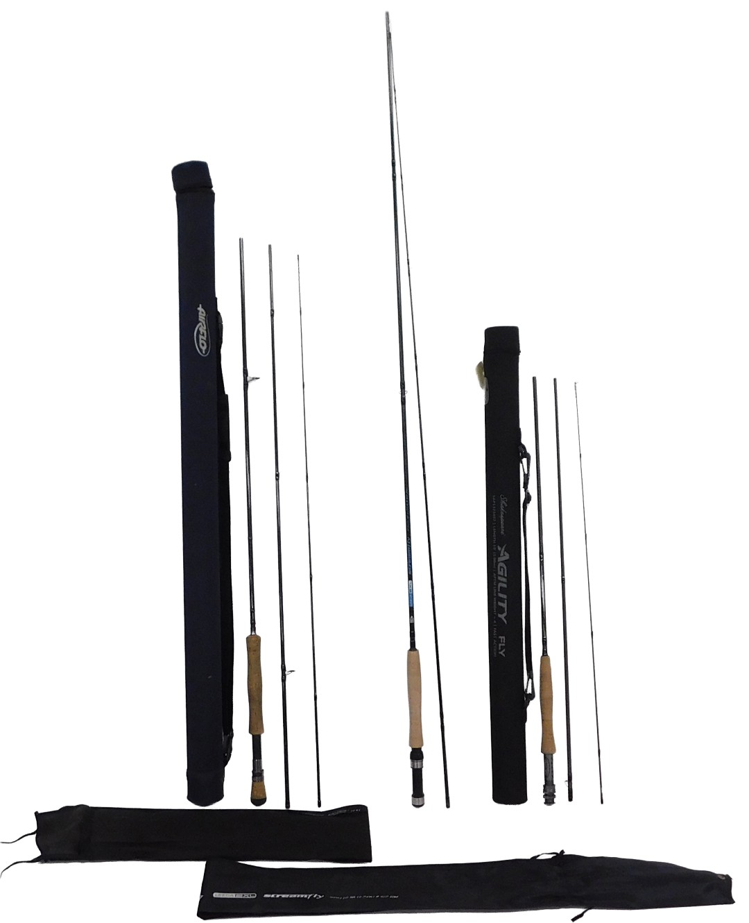 A Shakespeare Agility fly rod 10' (3.00m) #4, four piece, with rod tube, a Leeda Streamfly 9' (2.