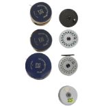 A Hardy Bros Ltd Viscount 140 Mark II fly reel, with three spare spools and three padded cases.