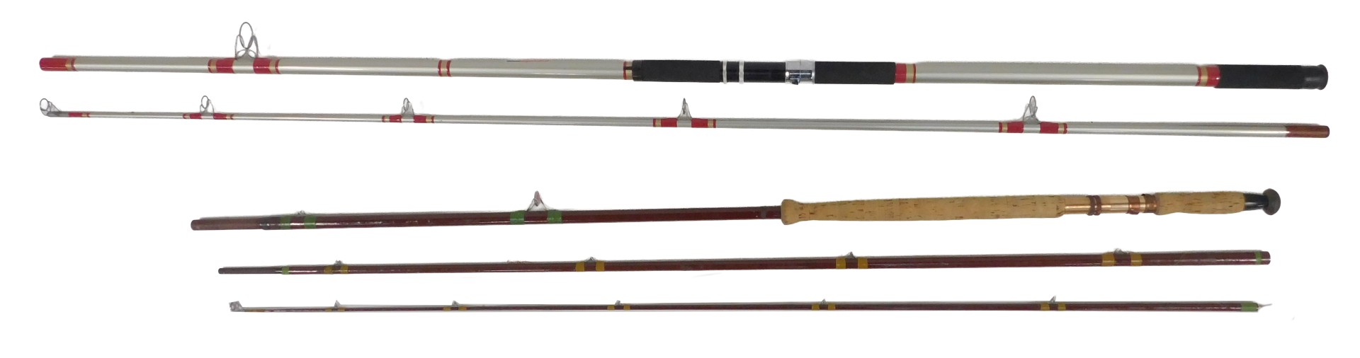 An Actio 12ft Beachcaster two piece fishing rod, together with a three piece trout rod.