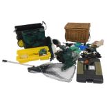 Fishing tackle, to include a wicker fishing creel, a fitted plastic case containing tackle, nets,