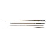 A FTW Craftsman The Dewell three piece cane fishing rod, with cork grip, together with a two piece