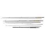 A group of fishing rods, comprising a Quick Silver Fly 9.5ft two piece rod, a Dam International