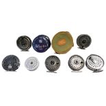 Seven centrepin reels, to include an Intrepid Gear Fly Kingsize, a Rim Fly Regular, etc., with two