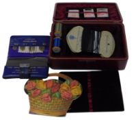 A late 19thC red Morocco sewing box, with a red velvet and silk lined interior, containing Acme