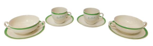 A group of Brooke Bond Tea ceramics, each an off white glaze decorated with a green upper band
