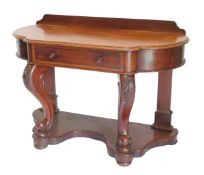 A Victorian mahogany duchess type side table, with a single galleried back raised above frieze