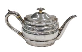 A George III silver teapot, of oval cape form, with plain acanthus leaf capped handle, oval