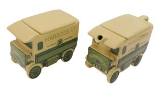 A Sadler Harrod's Limited van pottery teapot and biscuit box, 19cm wide. (2)