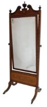 A 19thC Dutch mahogany and inlaid cheval mirror, with a swan neck pediment and central urn shaped