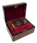 A 19thC rosewood travel sewing box, of rectangular form, the hinged lid with flush handle and part