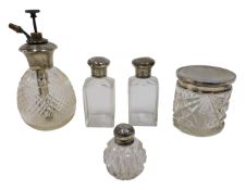 A George V silver cut glass dressing table jar, with plain lid, on circular body hobnail cut, with