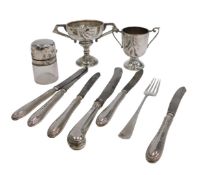 A George V silver trophy, with plain bowl flanked by angular handles, on inverted stem and