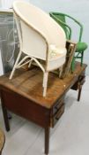 A 1920s oak desk, with sloping front and four pedestal drawers, a Lloyd Loom style chair, further
