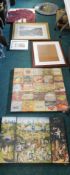 Pictures and canvas prints, together with a mirrored wall clock.