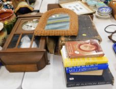 A 19thC large Family Bible, various other books, Millers guides, wicker style mirror, and an oak