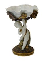 A Victorian porcelain comport by Moore Brothers, in the form of a cherub supporting a small water