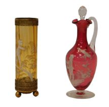 A Victorian cylindrical amber glass vase, with gilt metal mounts and Mary Gregory style painting