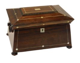 A Regency inlaid rosewood sarcophagus-shaped workbox, the caddy-shaped hinged lid with mother-of-
