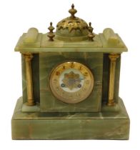 A Victorian green onyx architectural cased mantel clock, having a brass chapter ring and Arabic