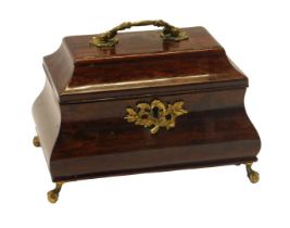 A Georgian mahogany bombe tea caddy, the hinged lid with brass swing handle, the interior with three