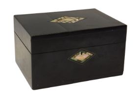 A Victorian lady's travelling toilet and workbox, the ebonised case with lozenge shaped inlaid
