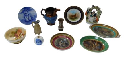 A group of British ceramics, including three Prattware style dishes, one entitled The Blind