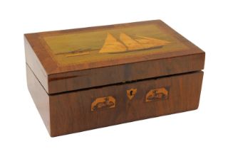 A Victorian Trinity House inlaid figured walnut writing slope, the lid with a marquetry inlaid panel