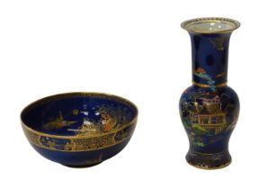 A Carltonware Mikado pattern blue chinoiserie baluster vase, and a bowl with matching Mikado pattern