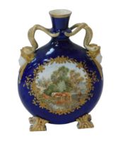 A 19thC Coalport style porcelain moon flask vase, with serpentine handles and mask heads, and a