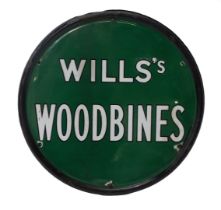 A Wills's Woodbines enamel double sided sign, of circular form, with white lettering against a